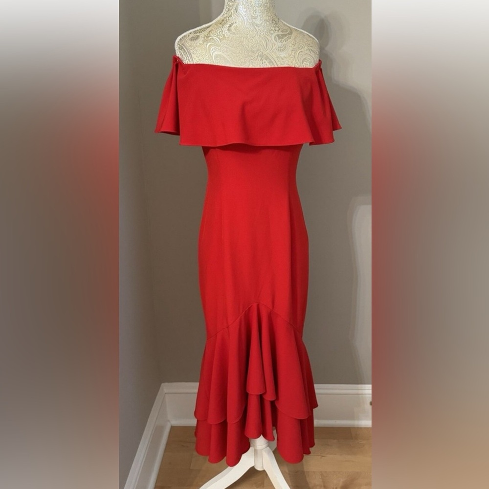 Boston Proper Red Midi Dress Size 12 on off shoulder ruffles spandex stretch - Picture 2 of 16